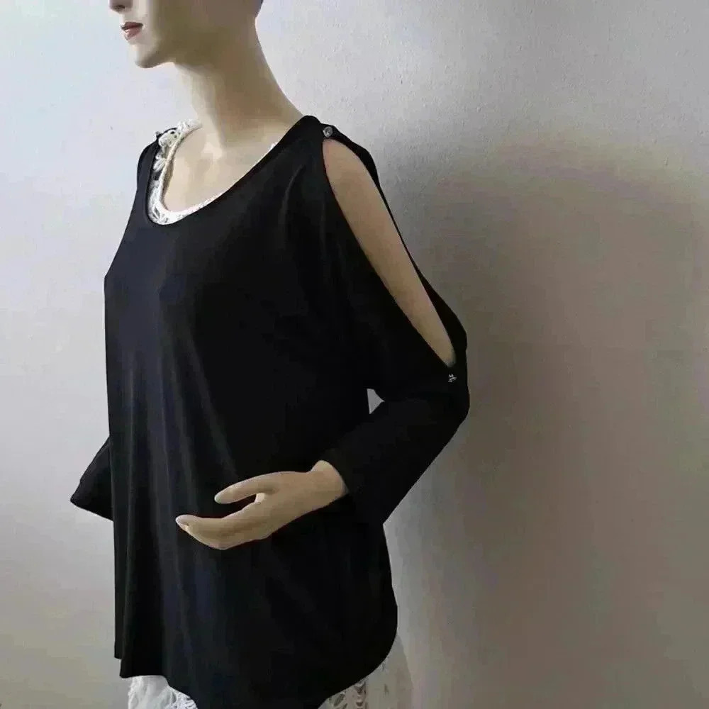 Blouse Inc INTERNATIONAL CONCEPTS BLACK OPEN ARM SLIT WITH RHINESTO…